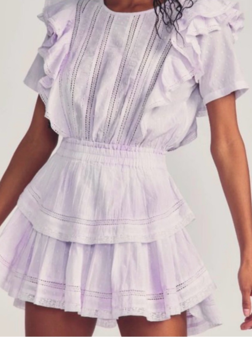 LoveShackFancy Lavender Eyelet Ruffled Mini Dress